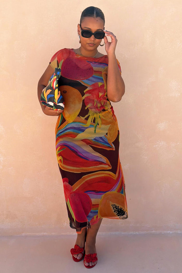 Rio Mesh Dress in a bold fruit print and warm colours, featuring cap sleeves and a soft stretch mesh fabric.