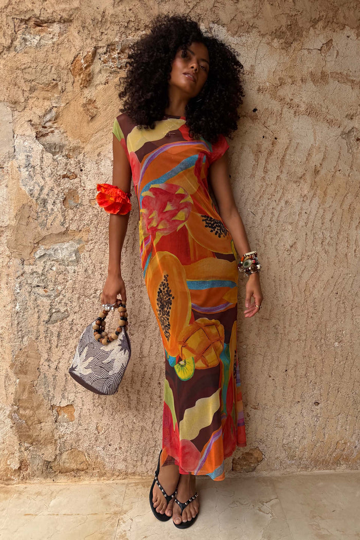 Rio Mesh Dress with fruit motifs and colour blocks in mesh, styled for a vacation against a stone wall.