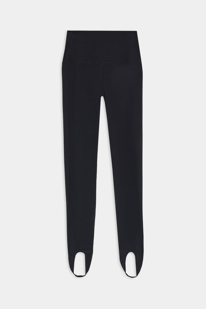 The SPLITS59 River High Waist Airweight Stirrup Leggings in black are crafted from soft Airweight fabric and shown laid flat on a white background.