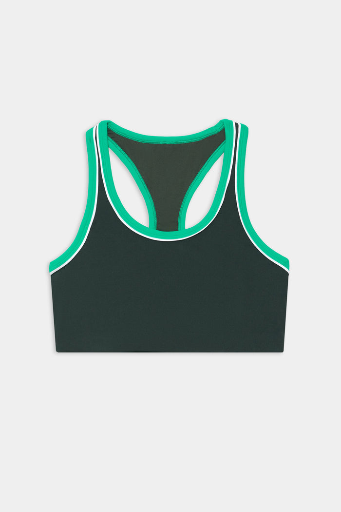 The SPLITS59 Robbie Airweight Bra in Military/Spearmint is a green racerback sports bra with white trim, crafted from a soft nylon-spandex blend, shown on a plain white background.