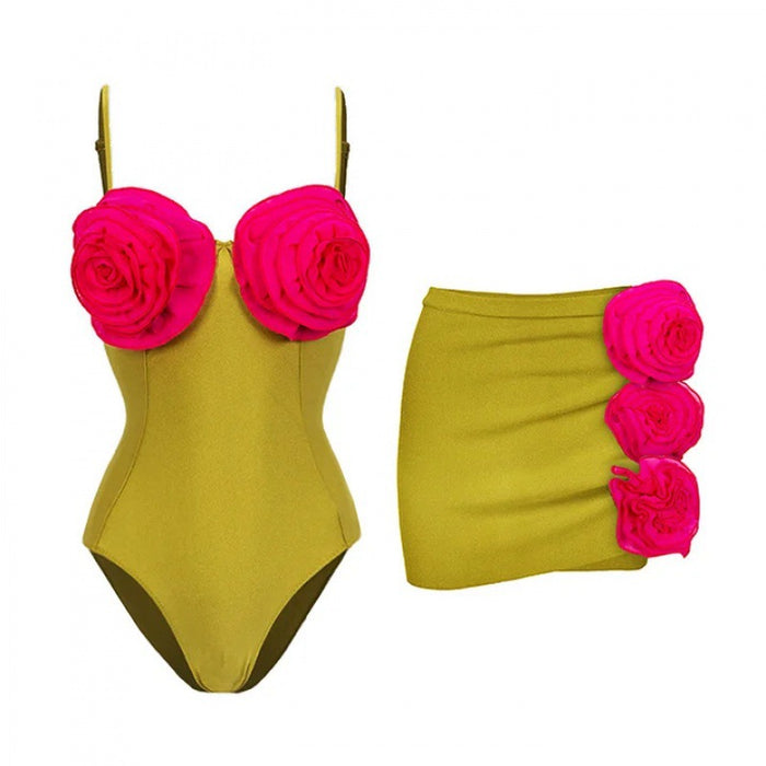 rose appliqué one-piece with mini wrap skirt – LIME