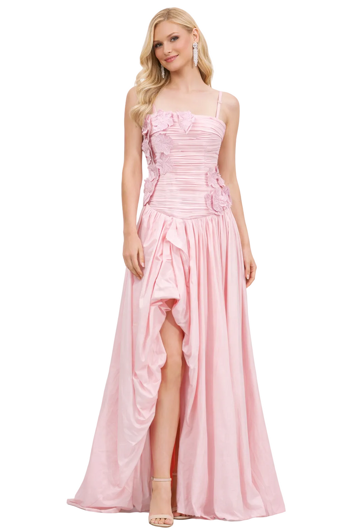 ruched floral strap dress with asymmetric ruffle hem – PETAL