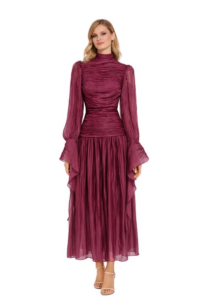 ruched high neck chiffon maxi dress with sheer sleeves – LUMIÈRE