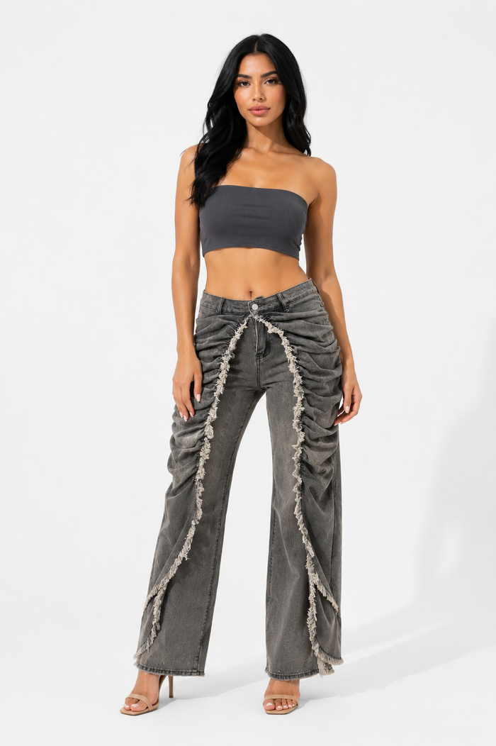 Ruched Raw Edge Denim Pants - Trendy