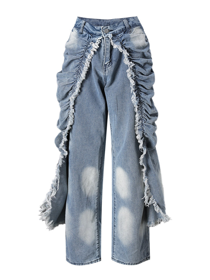 Ruched Raw Edge Denim Pants - Trendy