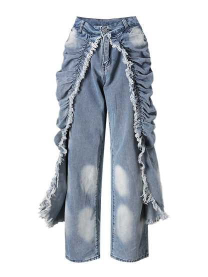 Ruched Raw Edge Denim Pants - Trendy