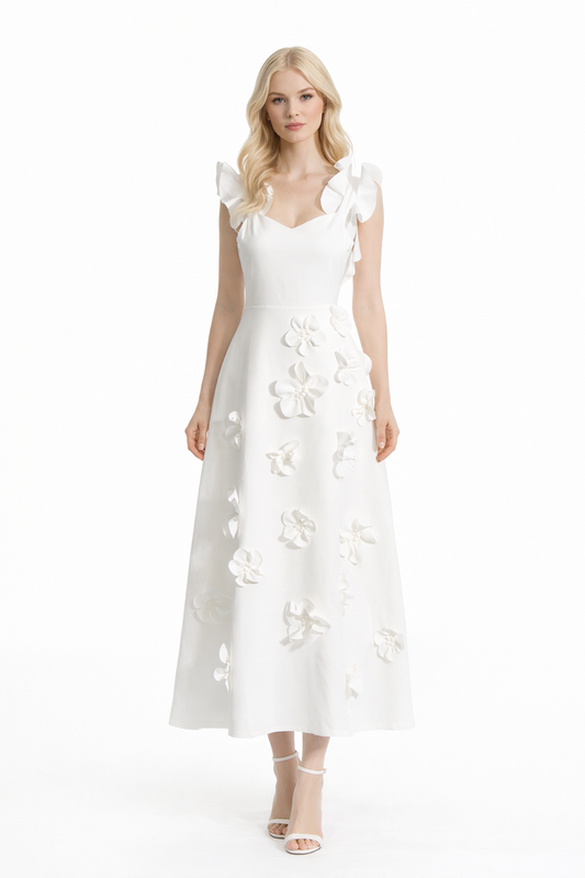 ruffle sleeve floral appliqué midi dress – PETAL