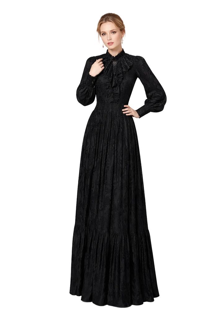 Ruffled High-Neck Printed Maxi Dress with Smocked Waist – AMBERLY