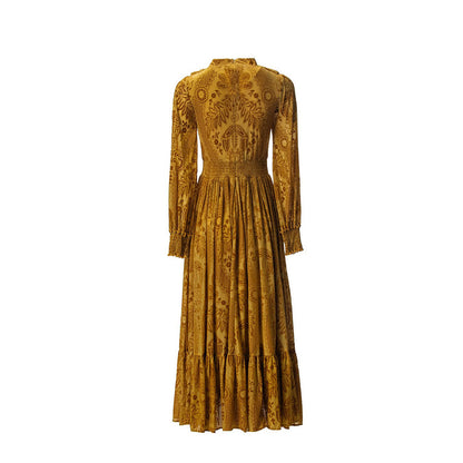 Ruffled High-Neck Printed Maxi Dress with Smocked Waist – AMBERLY