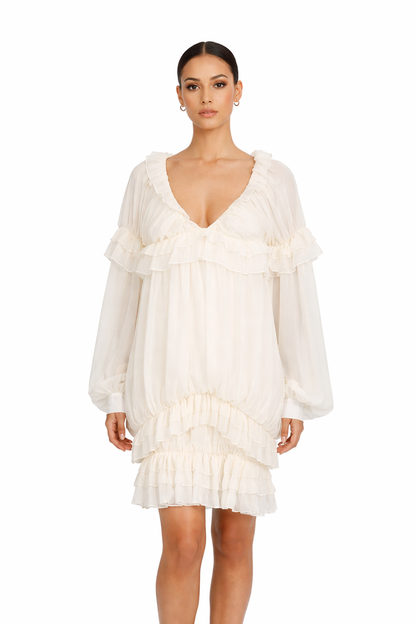 ruffled v-neck chiffon mini dress – VANILLA