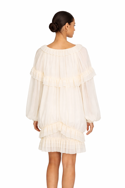 ruffled v-neck chiffon mini dress – VANILLA