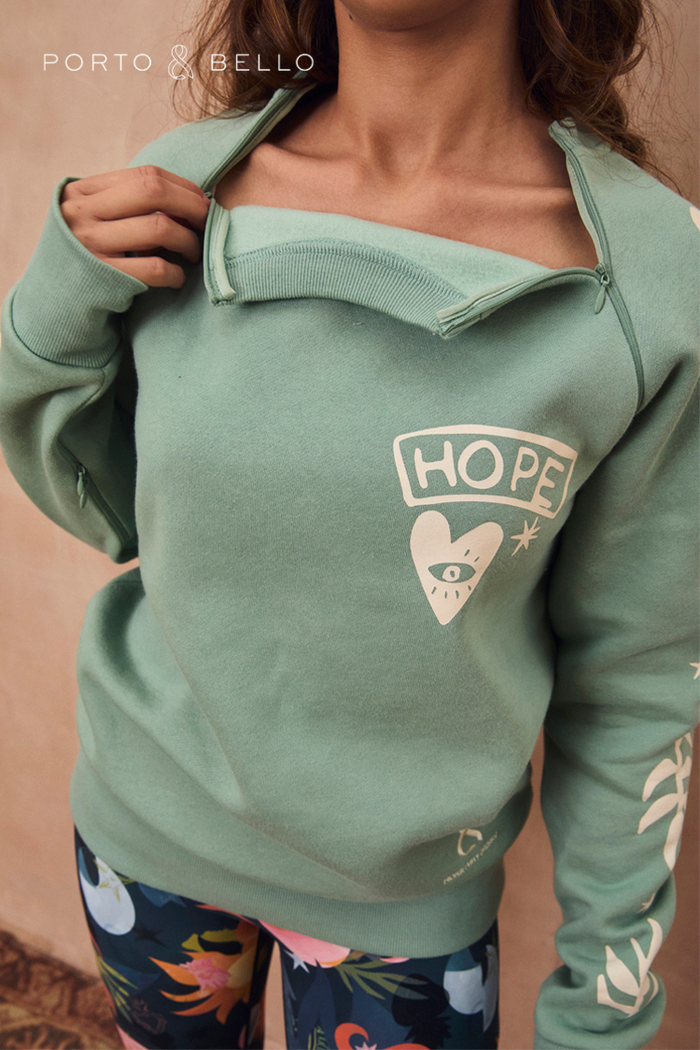 Sage Sundazed Accessible Sweatshirt with cream HOPE graphic and concealed zips at the chest for medical access.