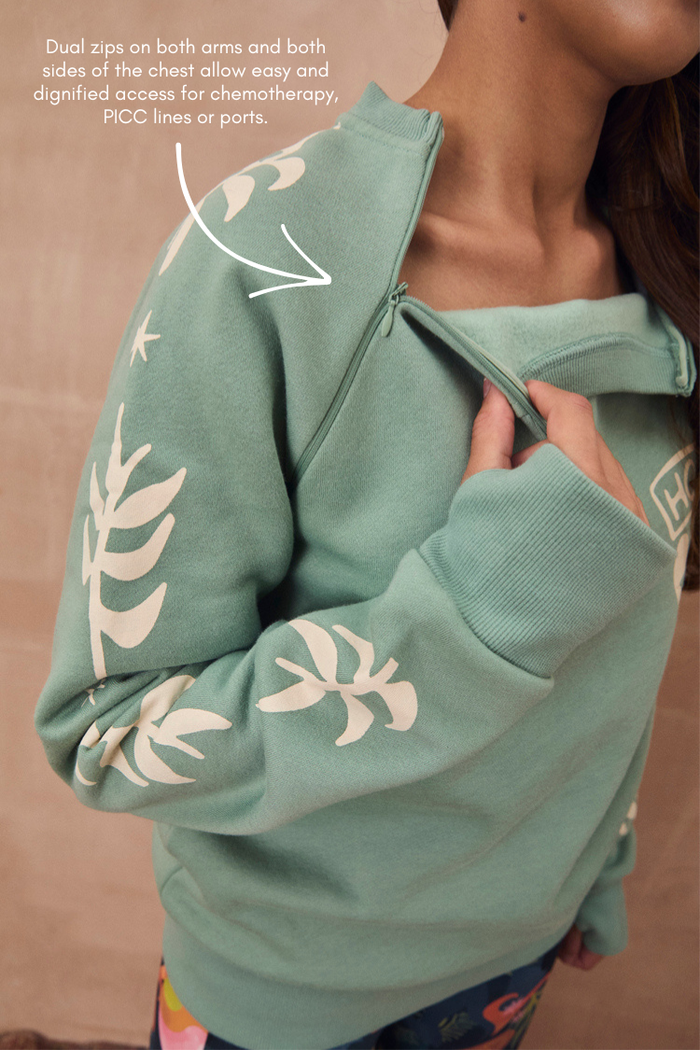 Sage Sundazed Accessible Sweatshirt with cream palm print and a concealed chest zip for treatment access.
