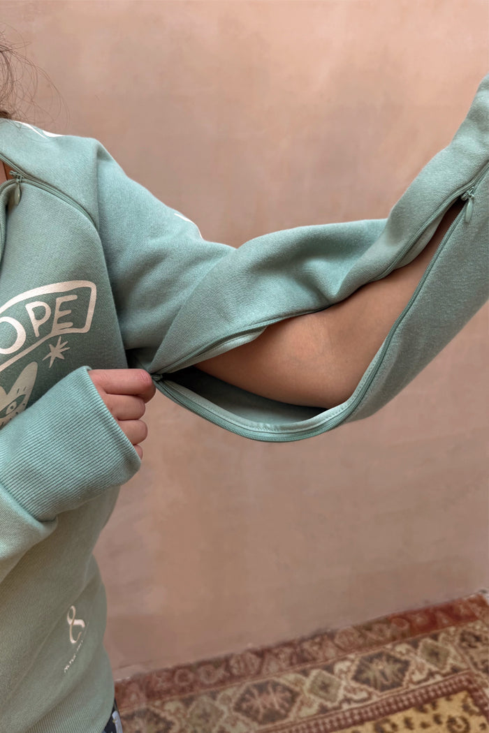 Sage Sundazed Accessible Sweatshirt sleeve detail with a concealed zip for treatment access.