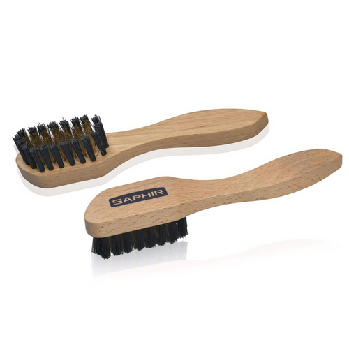 Two long handled brass wire and nylon bristle brushes with waxed beech wood handles, one with the brand name 'SAPHIR' visible.