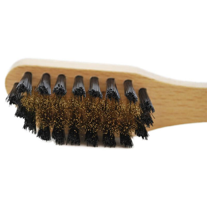 long handled brass wire and nylon bristle brush with waxed beech wood handle
