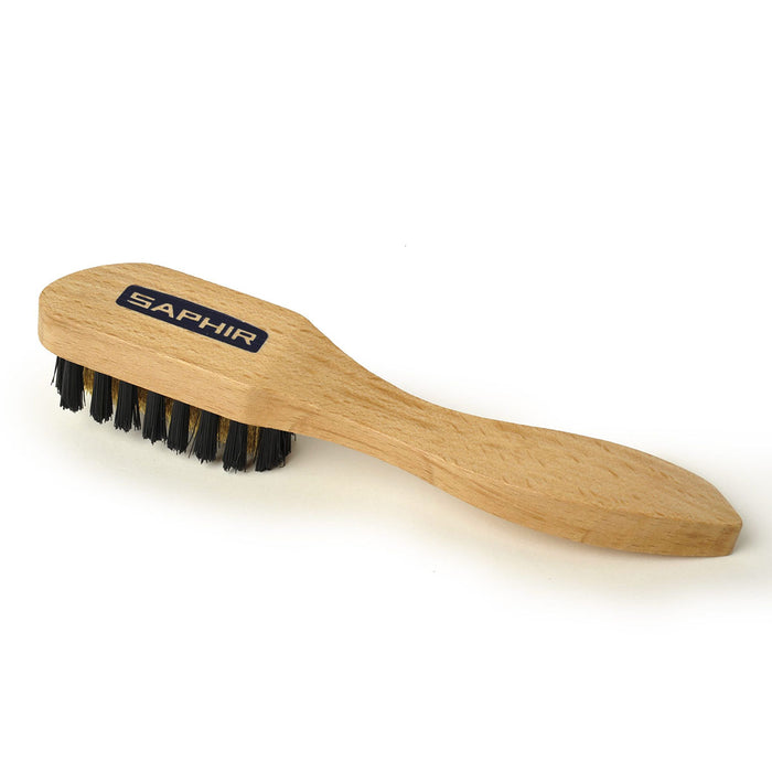 long handled brass wire and nylon bristle brush with waxed beech wood handles, with the brand name 'SAPHIR' visible.