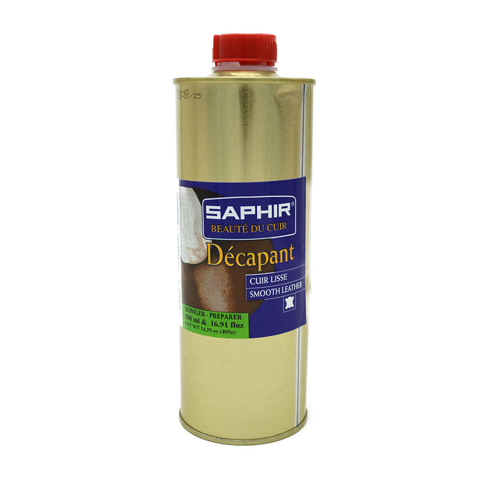 A can of Saphir Decapant Leather Stripper with a red cap on a white background.