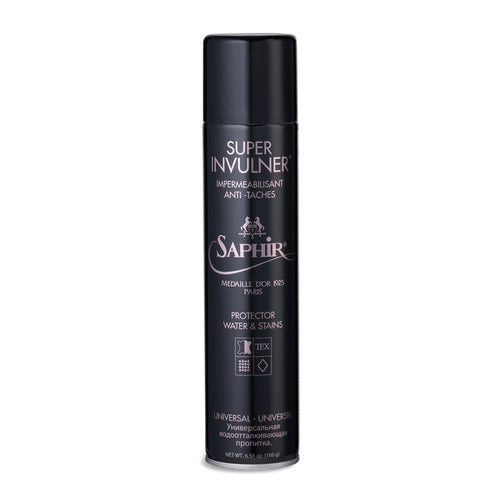 A black aerosol spray can of Saphir Medaille D'Or Super Invulner Stain Protector Spray 300ml.