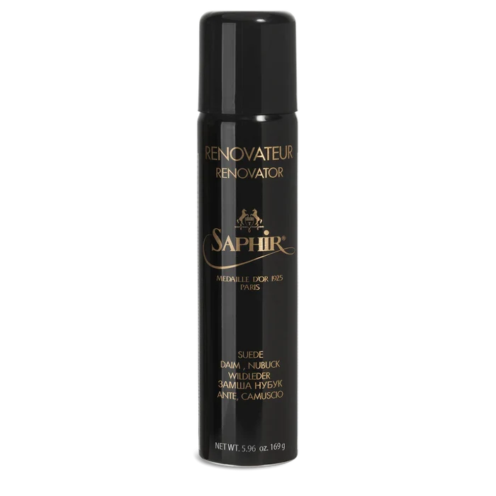 A black aerosol spray can of Saphir Medaille D'Or tinted suede renovator.