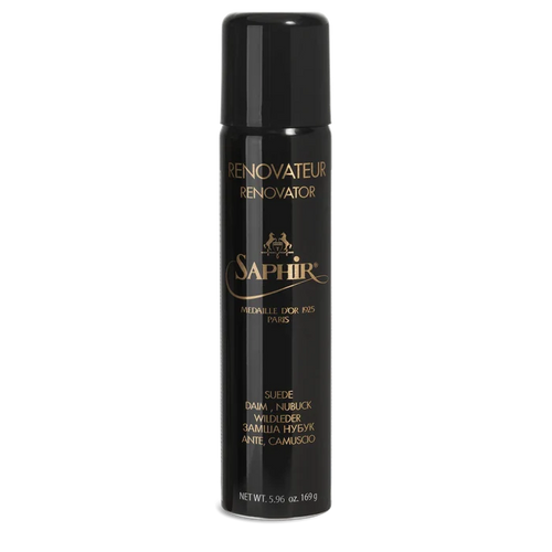 A black aerosol spray can of Saphir Medaille D'Or tinted suede renovator.