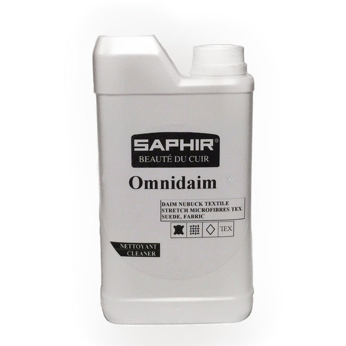A product image featuring a plastic bottle of Saphir Omnidaim Suede Multicleaner