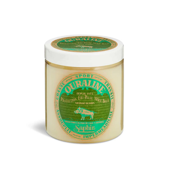 A round jar container with a lid, labeled 'Saphir Ouraline' which is special grease for leather goods.