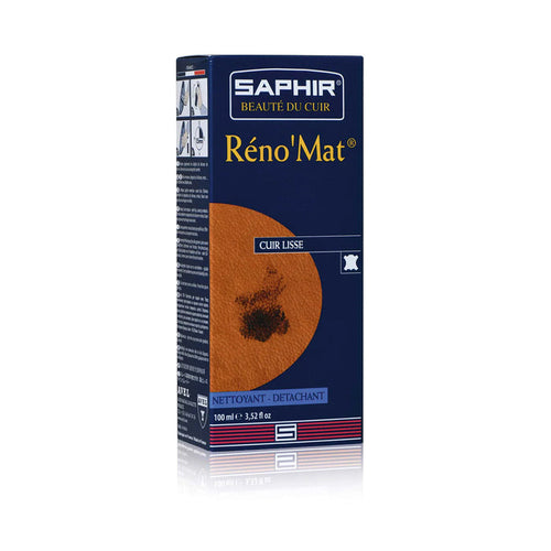 A product packaging box for Saphir RENOMAT, with a dark background and an image of a leather surface treated with a product from the brand Saphir.