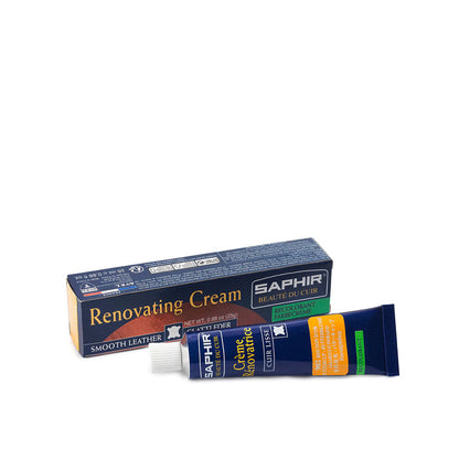 A tube of Saphir Renovating Cream for edge dressing alongside its packaging box.