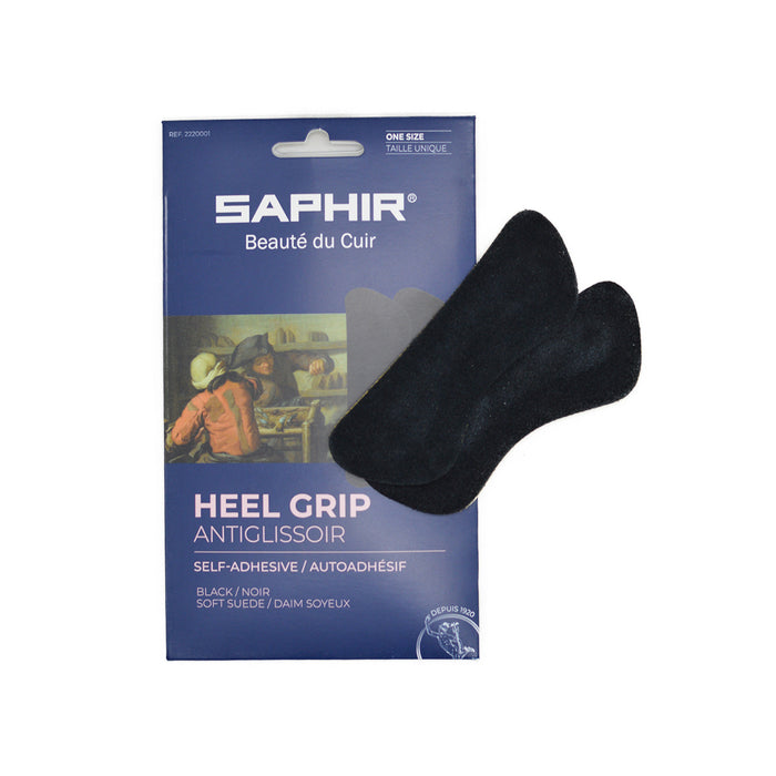 Saphir heel grip packaging with black heel grips on a white background