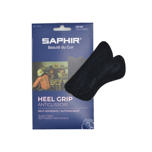 Saphir heel grip packaging with black heel grips on a white background