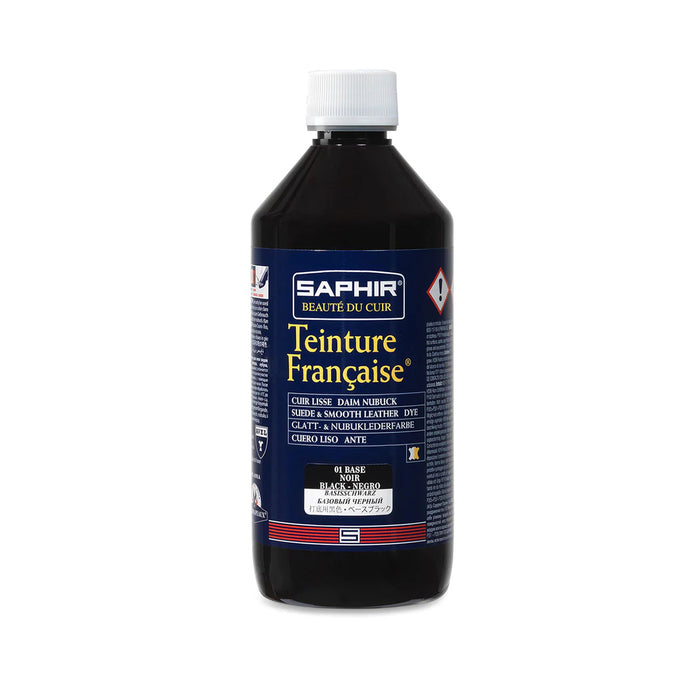 A product image featuring a box and bottle of Saphir Teinture Francaise dye for leather, with a color swatch and branding visible.