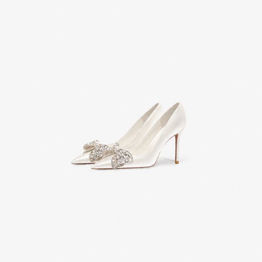 satin pointed-toe heels with crystal bow embellishment – AURELIVIA