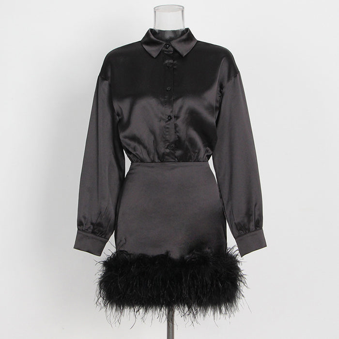 satin shirt mini dress with feather hem – CHARM