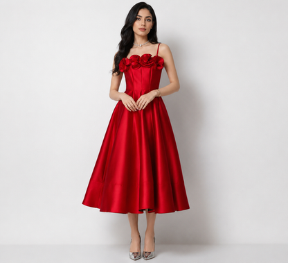 Scarlet Rose Satin Midi Dress - Glamour