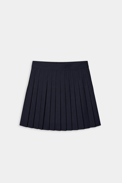 The SPLITS59 Shira Woven Pleated Skort in Indigo, ideal for court sports or gym workouts, is shown against a plain white background.
