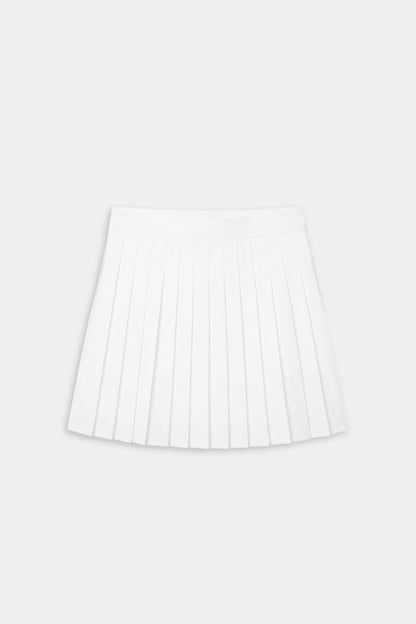 The SPLITS59 Shira Woven Pleated Skort in white is displayed flat on a light gray background, ideal for court sports or high-impact workouts.