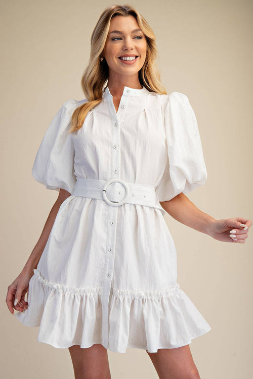 Short-Sleeve Button-Front Belted Mini Dress