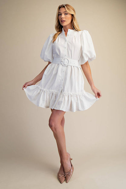 Short-Sleeve Button-Front Belted Mini Dress