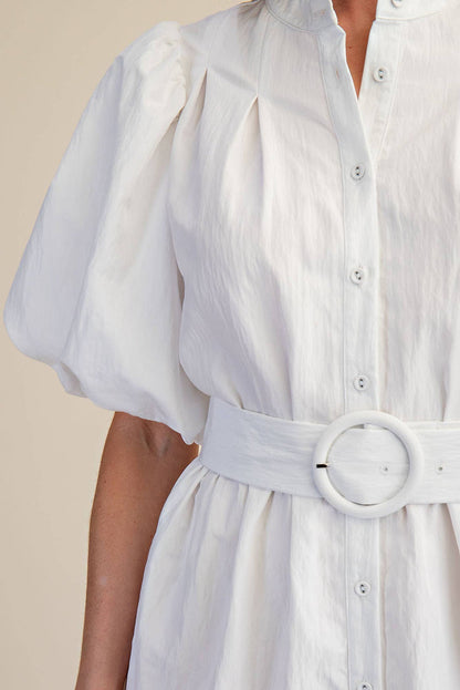 Short-Sleeve Button-Front Belted Mini Dress