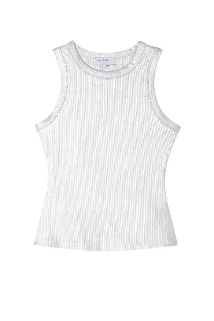Metallic silver ribbed tank top with a round neckline and sleeveless design.