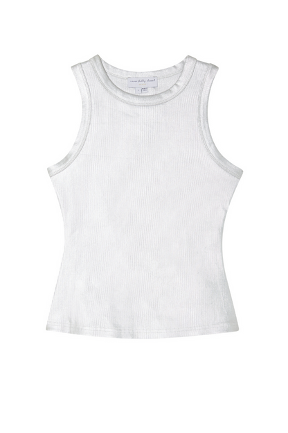 Metallic silver ribbed tank top with a round neckline and sleeveless design.