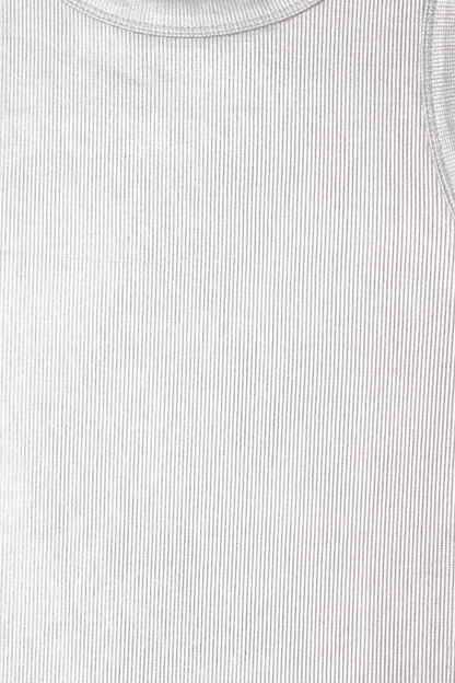 Close up detail of the metallic silver ribbed fabric on the Silver Ribbed Tank Top.