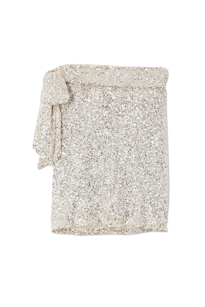 Iconic silver sequin mini Jaspre wrap skirt featuring a multi-wear tie waist on a white background.