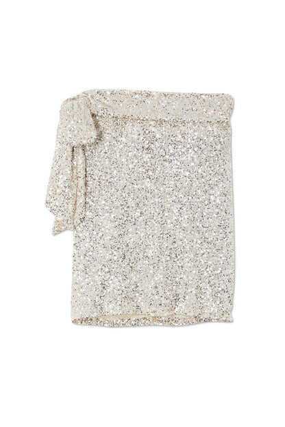 Iconic silver sequin mini Jaspre wrap skirt featuring a multi-wear tie waist on a white background.