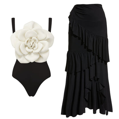 sleeveless 3D floral bodysuit with asymmetric ruffle maxi skirt – NOIR