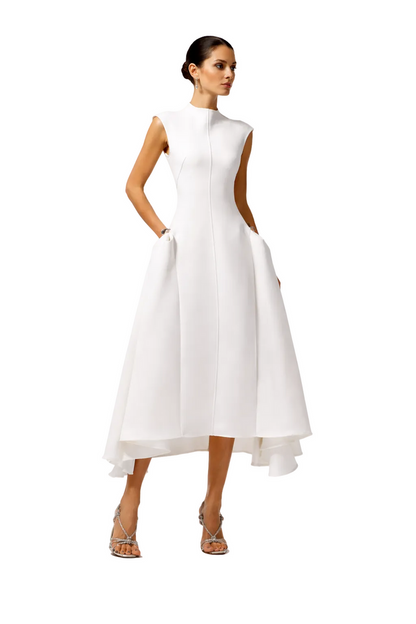 sleeveless high-neck midi dress with fluid hemline – ELHEIW