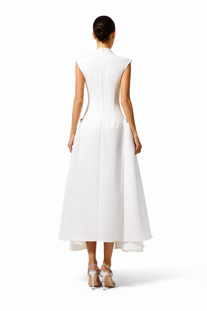 sleeveless high-neck midi dress with fluid hemline – ELHEIW