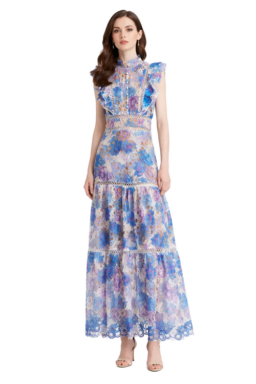 Sleeveless Lace Maxi Dress with Ruffled High Neck – FLORÉA