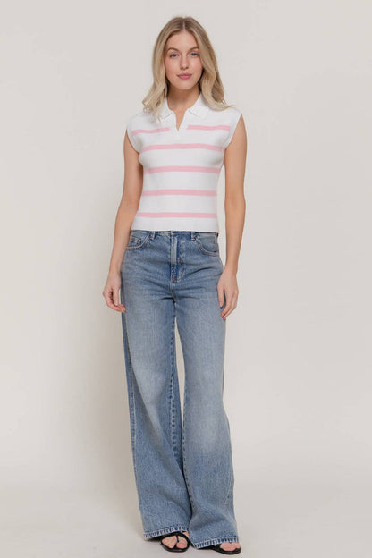 Sleeveless Stripe Polo Spring Sweater